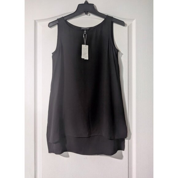 Eileen Fisher | Silk Georgette Crepe Bateau Neck Tank In Black - Picture 3 of 9